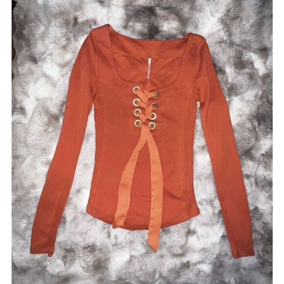Free People Burnt Orange Lace Up Satin Ribbon Front Long Sleeve Top, Size Xsmall - Picture 9 of 13